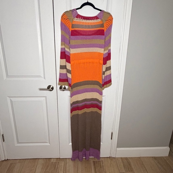 Vici By The Sea Crochet Maxi Cover Up Dress Size Small Striped Pink Orange - Picture 5 of 8